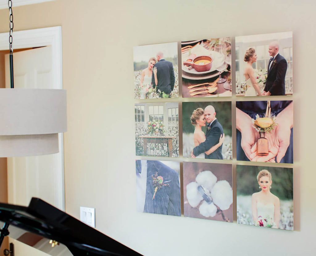 A set of 9 floatmount wood photo prints hanging in a grid pattern on a beige wall.